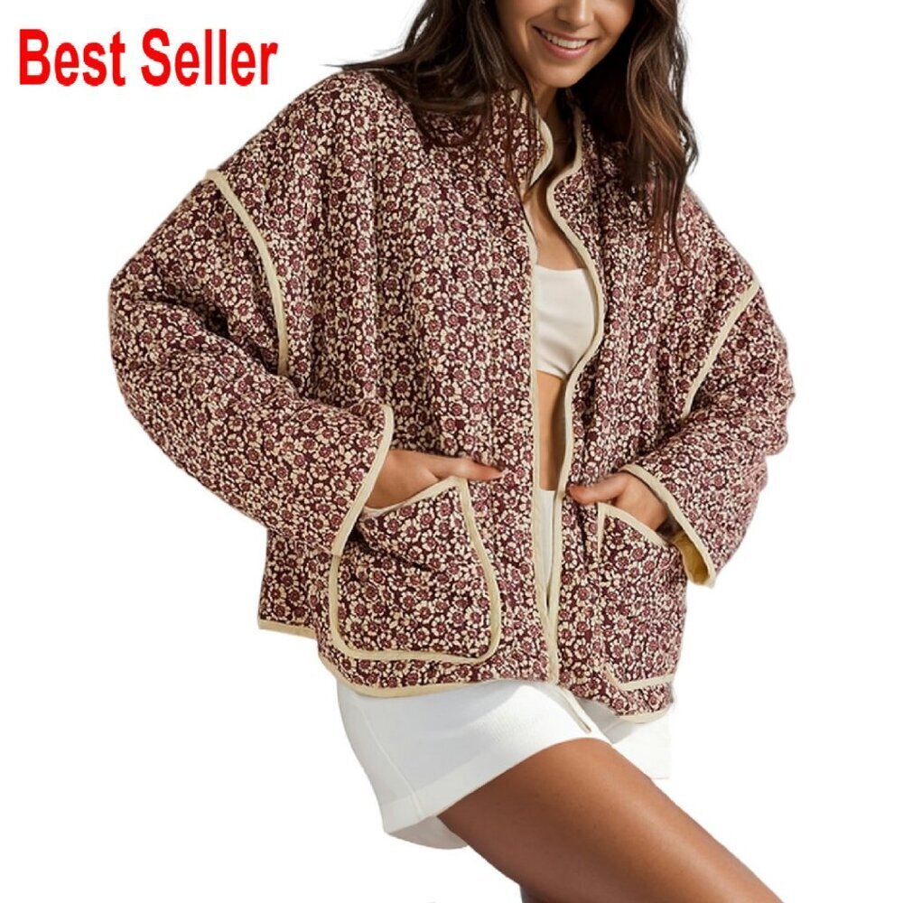 Quilted Cropped Puffer Jacket Open Front Cardigan Floral Print Chic